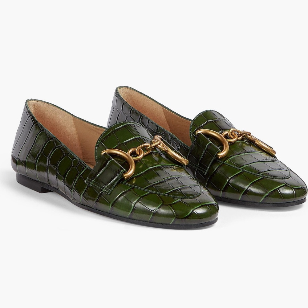 LK Bennett Dark Green Croc-Embossed Loafers with Gold Chain